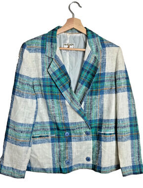 Vintage Plum Tree Escott Canada Blazer Blue Green Plaid Size 9/10 20x24